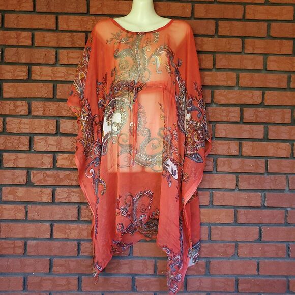Salty Lemon Sheer Beach Cover Up One Size Paisley Kaftan Orange Red Boho - Picture 1 of 8